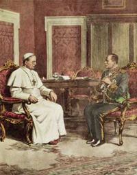 Un’illustrazione di Achille Beltrame raffigurante Pio XI con Benito Mussolini in un’udienza dell’11 febbraio 1932